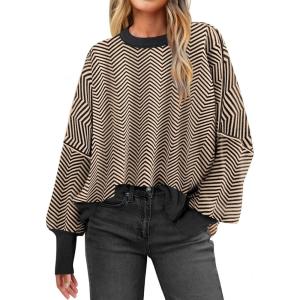 ANRABESS Womens Oversized Sweaters Fall 2025 Fashion Crewneck Batwing Long Sleeve Side Slit Knit Pullover Sweater Tops(Wave Brown)