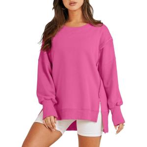 ANRABESS Womens Oversized Sweatshirts Crew Neck Long Sleeve Shirts Casual Loose Slit 2025 Fall Outfits Y2K Teen Girls Clothes(Hot Pink)