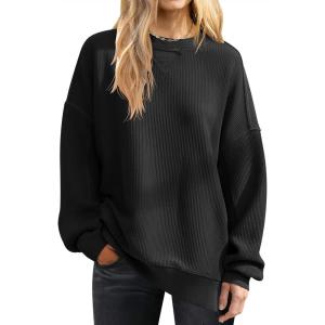 ANRABESS Womens Oversized Sweatshirts Crewneck Corduroy Side Slit Pullover Sweaters 2025 Fall Long Sleeve Tunic Tops Outfits(Black)