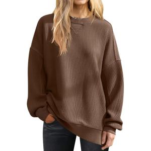 ANRABESS Womens Oversized Sweatshirts Crewneck Corduroy Side Slit Pullover Sweaters 2025 Fall Long Sleeve Tunic Tops Outfits(Camel)