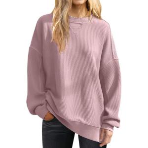 ANRABESS Womens Oversized Sweatshirts Crewneck Corduroy Side Slit Pullover Sweaters 2025 Fall Long Sleeve Tunic Tops Outfits(Pink)