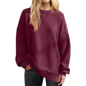 ANRABESS Womens Oversized Sweatshirts Crewneck Corduroy Side Slit Pullover Sweaters 2025 Fall Long Sleeve Tunic Tops Outfits(Wine Red)