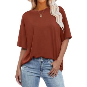 ANRABESS Womens Oversized T Shirts Short Sleeve Crewneck Tops Casual Loose Basic Tee Shirts 2025 Summer Trendy Outfits(Brick Red)