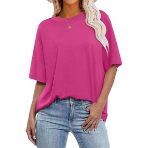ANRABESS Womens Oversized T Shirts Short Sleeve Crewneck Tops Casual Loose Basic Tee Shirts 2025 Summer Trendy Outfits(Hot Pink)