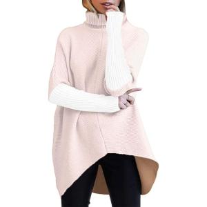 ANRABESS Womens Oversized Turtleneck Batwing Long Sleeve Casual Cozy Baggy Knit Pullover Tunic Sweater 2025 Fall Outfits(Pink White)