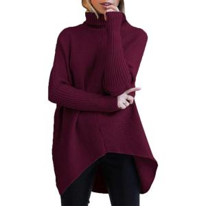 ANRABESS Womens Oversized Turtleneck Batwing Long Sleeve Casual Cozy Baggy Knit Pullover Tunic Sweater 2025 Fall Outfits(Wine Red)