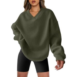 ANRABESS Womens Oversized V Neck Sweatshirt Fleece Long Sleeve Hoodies Pullover Comfy Top Outfits 2025 Teen Preppy Clothes(Army Green)