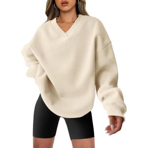 ANRABESS Womens Oversized V Neck Sweatshirt Fleece Long Sleeve Hoodies Pullover Comfy Top Outfits 2025 Teen Preppy Clothes(Beige)