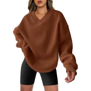 ANRABESS Womens Oversized V Neck Sweatshirt Fleece Long Sleeve Hoodies Pullover Comfy Top Outfits 2025 Teen Preppy Clothes(Caramel)
