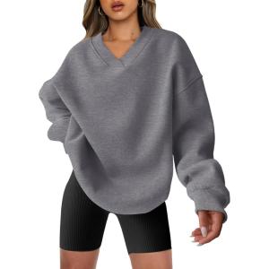 ANRABESS Womens Oversized V Neck Sweatshirt Fleece Long Sleeve Hoodies Pullover Comfy Top Outfits 2025 Teen Preppy Clothes(Dark Grey)