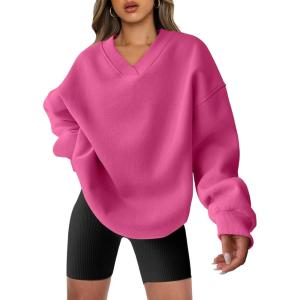 ANRABESS Womens Oversized V Neck Sweatshirt Fleece Long Sleeve Hoodies Pullover Comfy Top Outfits 2025 Teen Preppy Clothes(Hot Pink)