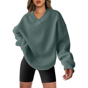 ANRABESS Womens Oversized V Neck Sweatshirt Fleece Long Sleeve Hoodies Pullover Comfy Top Outfits 2025 Teen Preppy Clothes(Lake Green)