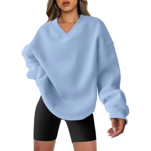ANRABESS Womens Oversized V Neck Sweatshirt Fleece Long Sleeve Hoodies Pullover Comfy Top Outfits 2025 Teen Preppy Clothes(Light Blue)