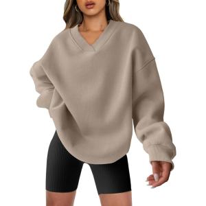 ANRABESS Womens Oversized V Neck Sweatshirt Fleece Long Sleeve Hoodies Pullover Comfy Top Outfits 2025 Teen Preppy Clothes(Light Brown)