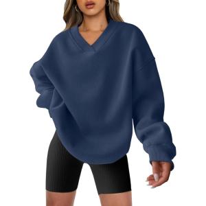 ANRABESS Womens Oversized V Neck Sweatshirt Fleece Long Sleeve Hoodies Pullover Comfy Top Outfits 2025 Teen Preppy Clothes(Navy Blue)
