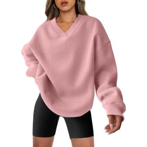 ANRABESS Womens Oversized V Neck Sweatshirt Fleece Long Sleeve Hoodies Pullover Comfy Top Outfits 2025 Teen Preppy Clothes(Pink)