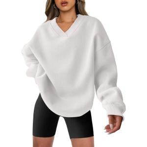 ANRABESS Womens Oversized V Neck Sweatshirt Fleece Long Sleeve Hoodies Pullover Comfy Top Outfits 2025 Teen Preppy Clothes(White)