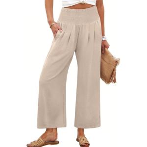 ANRABESS Womens Pants Wide Leg High Waisted Palazzo Pants Summer Flowy Beach Lounge Casual Trousers with Pockets(Almond)
