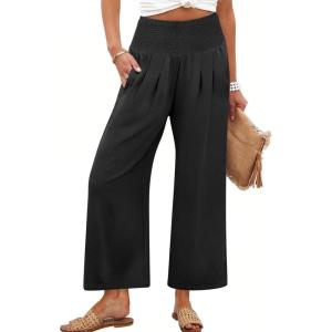 ANRABESS Womens Pants Wide Leg High Waisted Palazzo Pants Summer Flowy Beach Lounge Casual Trousers with Pockets(Black)