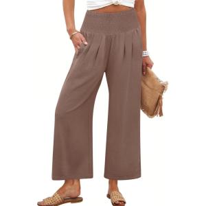 ANRABESS Womens Pants Wide Leg High Waisted Palazzo Pants Summer Flowy Beach Lounge Casual Trousers with Pockets(Coffee Brown)