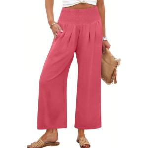 ANRABESS Womens Pants Wide Leg High Waisted Palazzo Pants Summer Flowy Beach Lounge Casual Trousers with Pockets(Coral)