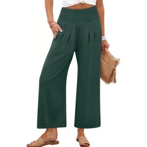 ANRABESS Womens Pants Wide Leg High Waisted Palazzo Pants Summer Flowy Beach Lounge Casual Trousers with Pockets(Dark Green)