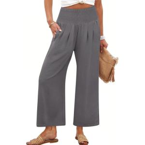ANRABESS Womens Pants Wide Leg High Waisted Palazzo Pants Summer Flowy Beach Lounge Casual Trousers with Pockets(Dark Grey)