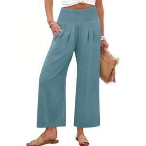 ANRABESS Womens Pants Wide Leg High Waisted Palazzo Pants Summer Flowy Beach Lounge Casual Trousers with Pockets(Lake)