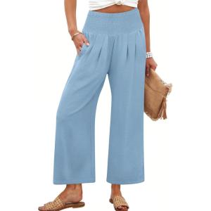 ANRABESS Womens Pants Wide Leg High Waisted Palazzo Pants Summer Flowy Beach Lounge Casual Trousers with Pockets(Sky)