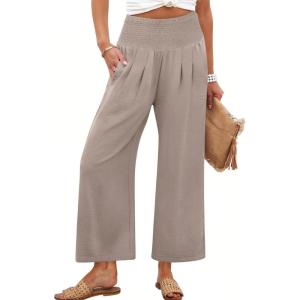 ANRABESS Womens Pants Wide Leg High Waisted Palazzo Pants Summer Flowy Beach Lounge Casual Trousers with Pockets(Wheet)