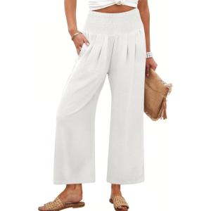 ANRABESS Womens Pants Wide Leg High Waisted Palazzo Pants Summer Flowy Beach Lounge Casual Trousers with Pockets(White)