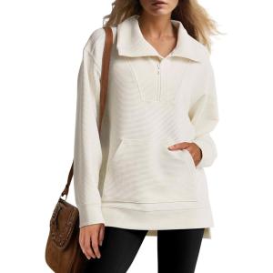 ANRABESS Womens Quarter Zip Oversized Long Sleeve Ribbed Knit Tunic Sweatshirts(Beige)