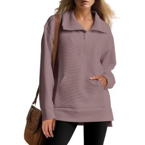 ANRABESS Womens Quarter Zip Oversized Long Sleeve Ribbed Knit Tunic Sweatshirts(Coffee Grey)