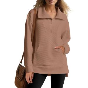 ANRABESS Womens Quarter Zip Oversized Long Sleeve Ribbed Knit Tunic Sweatshirts(Nutmeg)