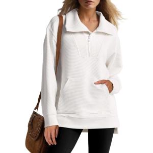 ANRABESS Womens Quarter Zip Oversized Long Sleeve Ribbed Knit Tunic Sweatshirts(White)