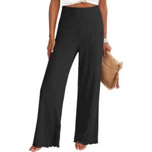 ANRABESS Womens Ribbed Knit Lounge Pajama Pants Casual Elastic High Waist Loose Wide Leg Pants 2025 Fall Comfy PJ Bottoms(Black)