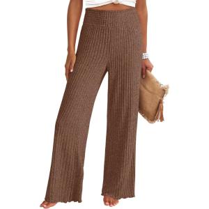 ANRABESS Womens Ribbed Knit Lounge Pajama Pants Casual Elastic High Waist Loose Wide Leg Pants 2025 Fall Comfy PJ Bottoms(Brown)