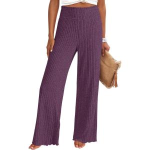 ANRABESS Womens Ribbed Knit Lounge Pajama Pants Casual Elastic High Waist Loose Wide Leg Pants 2025 Fall Comfy PJ Bottoms(Dark Purple)