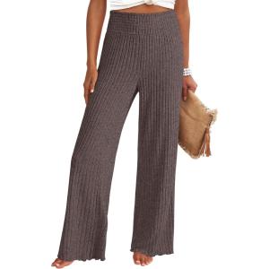 ANRABESS Womens Ribbed Knit Lounge Pajama Pants Casual Elastic High Waist Loose Wide Leg Pants 2025 Fall Comfy PJ Bottoms(Deep Brown)