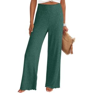 ANRABESS Womens Ribbed Knit Lounge Pajama Pants Casual Elastic High Waist Loose Wide Leg Pants 2025 Fall Comfy PJ Bottoms(Green)
