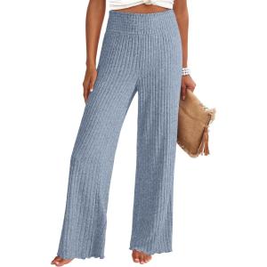 ANRABESS Womens Ribbed Knit Lounge Pajama Pants Casual Elastic High Waist Loose Wide Leg Pants 2025 Fall Comfy PJ Bottoms(Light Blue)