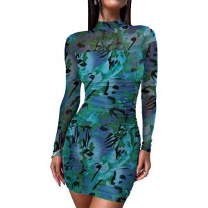 ANRABESS Womens Sexy Bodycon Mesh Ruched Mini Dresses Mock Neck Slim Fall Long Sleeve Cocktail Party Going Out Short Dress(Green Floral)