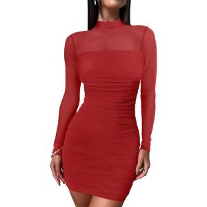 ANRABESS Womens Sexy Bodycon Mesh Ruched Mini Dresses Mock Neck Slim Fall Long Sleeve Cocktail Party Going Out Short Dress(Red)