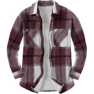 ANRABESS Womens Sherpa Fleece Lined Flannel Plaid Shirt Jackets Fuzzy Warm Button Down Shacket with Pockets 2025 Fall Outfits(Burgundy Plaid)