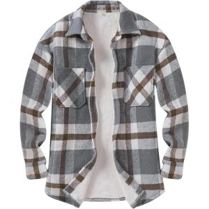 ANRABESS Womens Sherpa Fleece Lined Flannel Plaid Shirt Jackets Fuzzy Warm Button Down Shacket with Pockets 2025 Fall Outfits(Grey Khaki Plaid)