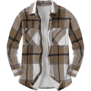 ANRABESS Womens Sherpa Fleece Lined Flannel Plaid Shirt Jackets Fuzzy Warm Button Down Shacket with Pockets 2025 Fall Outfits(Light Brown Plaid)