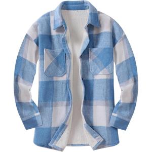 ANRABESS Womens Sherpa Fleece Lined Flannel Plaid Shirt Jackets Fuzzy Warm Button Down Shacket with Pockets 2025 Fall Outfits(Sky Blue Plaid)