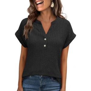 ANRABESS Womens Short Sleeve Henley Shirts V Neck Summer Sweaters 2026 Spring Business Tunic Tops Dressy Casual Work Blouses(Black)