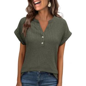 ANRABESS Womens Short Sleeve Henley Shirts V Neck Summer Sweaters 2026 Spring Business Tunic Tops Dressy Casual Work Blouses(Deep Green)
