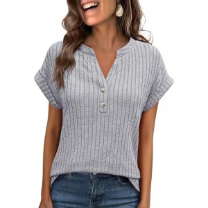 ANRABESS Womens Short Sleeve Henley Shirts V Neck Summer Sweaters 2026 Spring Business Tunic Tops Dressy Casual Work Blouses(Grey)